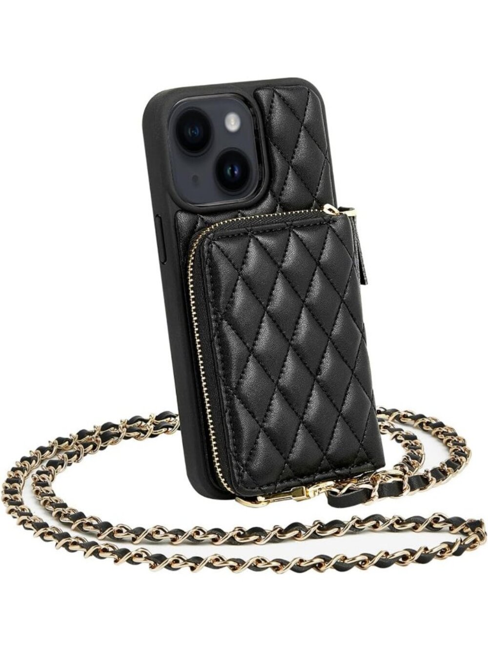 Quilted Leather Crossbody Wallet Case for iPhone 13, Shockproof, Chain Strap